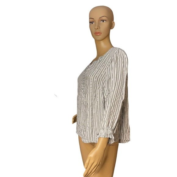 Adrienne Vittadini Women's White Silver Metallic Striped Banded V- Neck Blouse M - Picture 4 of 9